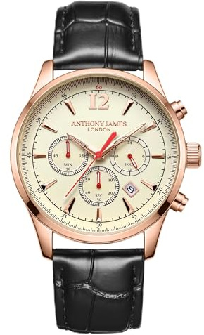 Anthony James automatiska klassiska armbandsur män - rostfritt stål rygg, analog, läderrem, kronograf, handmonterad, vatten- och repbeständig herrklocka - 5 års garanti, Ros vit, Klassisk