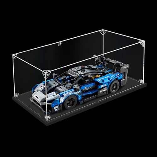 DOFOPO Acryl Vitrine Schaukasten Selbstmontage Klar Acrylbox 45 x 20 x 15cm | Staubdichte Transparente Display case für Lego Modellautos Spielzeug Sammlung mit Schwarzer Basis; Handschuhe Putztuch