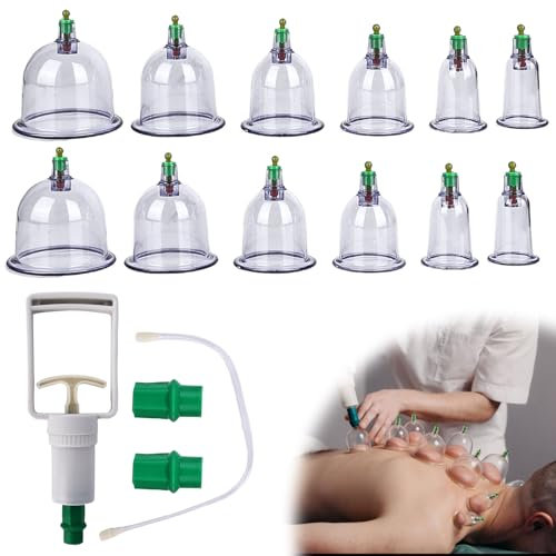 Set di 12 coppette con pompa a vuoto, per terapia tradizionale cinese, coppettazione, in silicone, per viso e tutto il corpo, autotrattamento