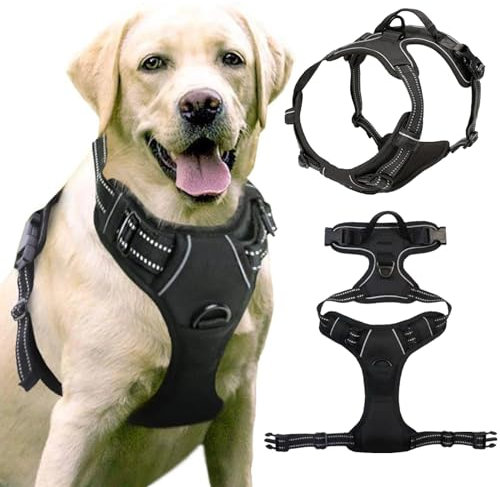 BDSHUNBF Hundegeschirr Ohne Zug, Grosse Hunde, Atmungsaktiv Brustgeschirr Geschirr, Anti Zug Hundegeschirr mit Reflexstreifen und Kontrolle, Einstellbar Weich Schwarz M