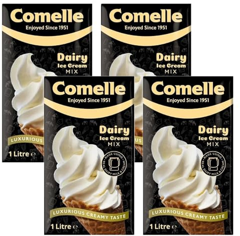 Comelle Real Dairy Ice Cream Mix Creamy Soft Serve 1L Pack of 4 Instant Ready to Freeze UHT Long Life Cream Skimmed Milk Sundea Mouse Dessert with Welari Thank You Card | (4pack) (4L)