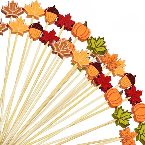 Cocktailspieße für den Herbst, 100 Stück, Blätter, Kürbisse, Eicheln, ausgefallene Zahnstocher für Vorspeisen, 11,9 cm lang, für Lebensmittel, Obstspieße, Charcuterie-Spieße für Thanksgiving,