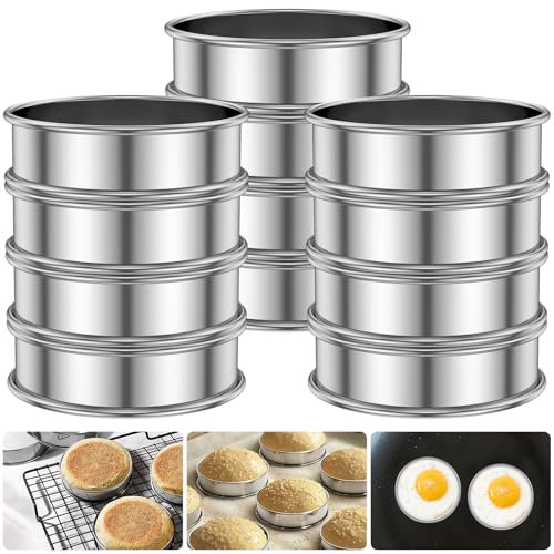 BOBASH 12pcs Anneaux de Muffins Anglais 304 Anneaux de Crumpet en Acier Inoxydable Anneaux acidulés antiadhésifs Doubles bouffés à Muffins Anneaux de Crumpet Moule à Anneaux moules de bouffée