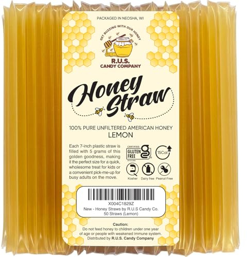 50 Pack Honey Sticks For Tea, Snacking, Honey Straws Single Serve Stir Sticks, Natural Flavor by R.U.S Candy Company- (50 Straws, Lemon)