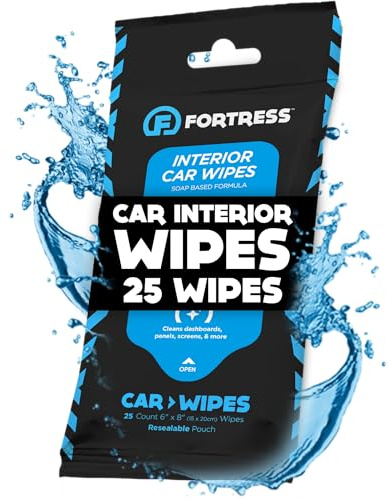 Fortress Car Interior Cleaner Wipes (25 ct.) Travel Size | for Dashboard, Seats, Detailing, and Steering Wheel [Skin-Safe] Car Cleaning Supplies for Interior