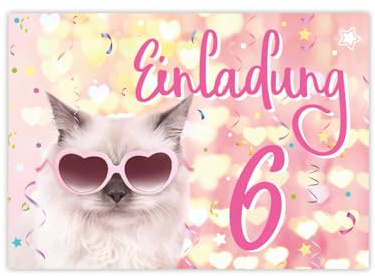 JuNa-Experten 12 Einladungskarten zum 6. Kindergeburtstag Mädchen Katze Tiere coole Einladungen sechste Geburtstag Mädchengeburtstag