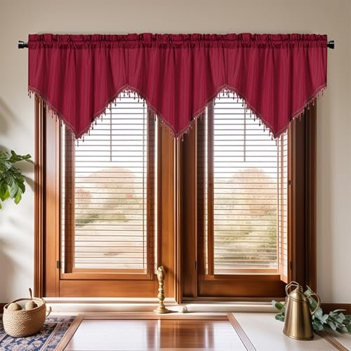 Lirzxin Küchengardine, Bistrogardine Modern Halbtransparente Küchenvorhänge Einfarbig Dreieck mit Quasten Polyester Kurzstore Kurzvorhang Küchen Vorhang Kurzgardine, 130x60CM, Rot, 3er Set