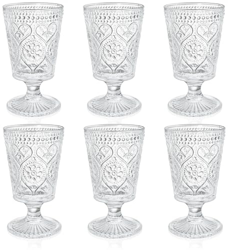 ZAVOOS Set of 6 Clear Glass Goblet, 12 Oz Vintage Romantic Wine Glasses, Embossed Floral Glass Cups Set, Bar Tumbler Drinking Glassware for Iced Tea, Wine, Beer, Juice, Cocktail, Whiskey
