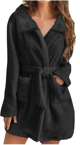 Mrat Vestaglia da donna con cappuccio in pile felpato corto accappatoio in pile orsacchiotto leggero indumenti da notte morbido accappatoio in flanella con cintura pigiama taglie forti comodo