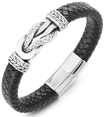 COOLSTEELANDBEYOND Vintage Unendlich Knoten Armband, Wikinger Knoten, Edelstahl Schwarz Geflochtene Leder Schweißband Armreif, Herren
