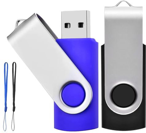 Lot de 2 Clé USB 16 Go USB 2.0 Mémoire Flash Drive Clef USB Pivotantes avec Cordes Bon Cadeau pour Enfant Parents et Amis (16G, Noir/Bleu)