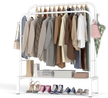 LOEFME Clothes Rail, 110 * 55 * 150cm Clothes Rack, Multifunctional for Bedroom, Metal Clothes Hanging Rail, Minimalist Design (Pure White)