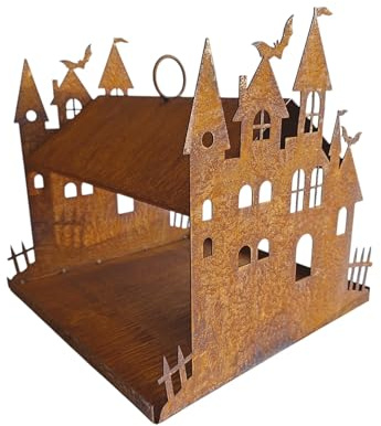 Bornhöft Edelrost Vogelfutterhaus im Schloss-Design, Gartendekoration mit Fledermaus-Motiv, Rostoptik rostige Gartendeko XXL Riesig