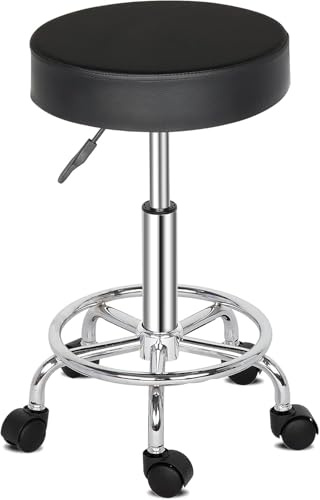TactFire Rollhocker Drehhocker Schwarz | 360° drehbar, höhenverstellbar 46-61cm, mit 5 Rollen für einfache Bewegung, für Büro, Salon & Spa