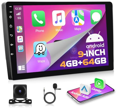 Motorsi 2 Din Android Auto Radio 4+64G e IOS Carplay 9'' IPS HD Touchscreen Android 15 Autoradio con Bluetooth 5.0 GPS Navi 32EQ WiFi 2USB + Telecamera Posteriore & Microfono