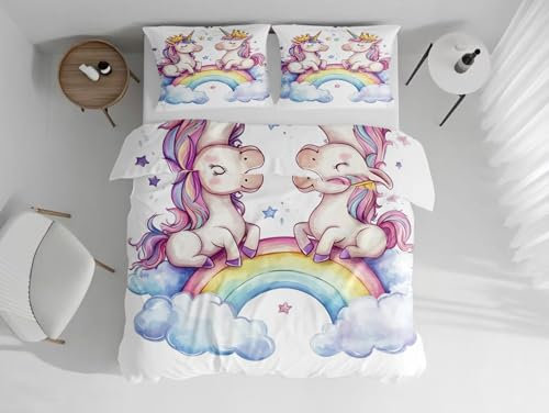 Bettwäsche 200x200cm Cartoon-Einhorn Bettbezüge Microfaser Bettwäsche Weich Flauschige Deckenbezug mit Kissenbezug 80x80cm für Allergiker Geeignet, Weiß