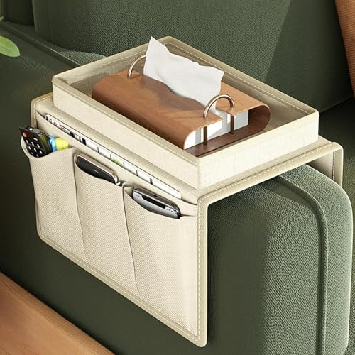 Techchii Sofa Arm Tray Organiser, Armchair Tray Sofa Arm Chair Table Holder | Waterproof & Non-Slip, Versatile Armrest Organiser with 4 Bags, for Drinks Phone Magazine Book Snacks (Cream)
