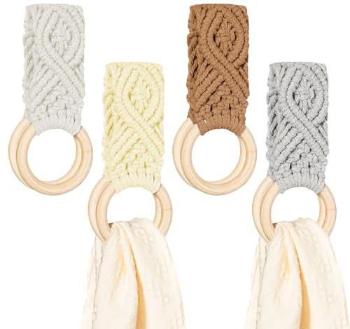 HEAVYWOOD 4 Pcs Kitchen Dish Towel Holder Boho Crochet Hanging Towels Loop with Wooden Ring Handmade Counter Knit Towel Hanger for Bathroom Cabinet House Oven (Beige, Light Gray, Cream, Orch)