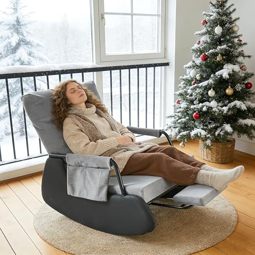 Schaukelstuhl Wohnzimmer mit Fußstütze, Schaukelsessel mit 3-Fach Verstellbare Rückenlehne, Schaukelstühle Relaxstuhl mit Armlehnen, Rocking Chair bis 150 kg für Balkon Schlafzimmer Garten (Grau)