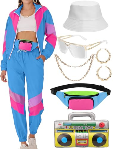 VillbeCoser 80er 90er Jahre Outfit Damen, Trainingsanzug Jogginganzug mit Gürteltasche Aufblasbarer Ghettoblaster Hut Gläser Halskette Ohrringe, Disco Karneval Fasching Mottoparty Kostüm Bad Taste
