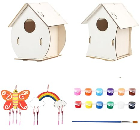 Kit di casetta per uccelli per bambini, kit casa per uccelli - set di 2 set di casetta per legno con vernici e pennelli, artigianato per bambini - educative in legno, jugu