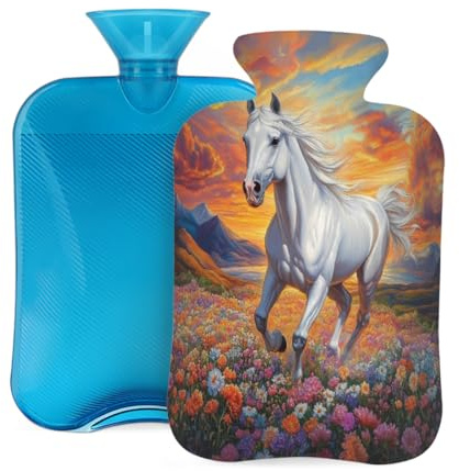 Mexpekil Wärmflasche mit weichem Flanellbezug, 2 l, großer Wärmbeutel zur Schmerzlinderung, warme Hände, Füße und Körper, ideales Geschenk für Erwachsene und Kinder (weißes Pferd, Blumen, Berg)