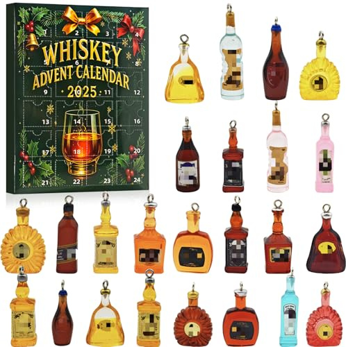Whisky Adventskalender 2025,Alkohol Adventskalender,Whisky Anhänger,24-tägiger Whisky Weihnachts Countdown Kalender mit 24 Weinflaschen, Bier, Spirituosen und Weihnachtsschmuck(ohne Getränke)