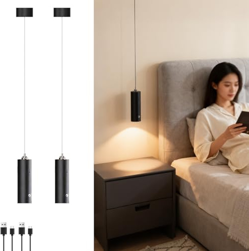 2 Stück Akku Pendelleuchte Schwarz LED Hängelampe Touch Dimmbar 3000K Warmweiß Hängeleuchte Modern Zylinder Pendellampe Batteriebetriebene, Höhenverstellbar, für Nachttisch Schlafzimmer Küche, 11cm