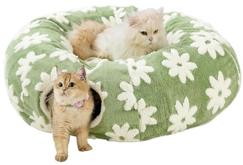 Katt Lek Tunnel Tvättbar Mjuk Plysch Grotta med Boll | Blomsterdesign Plysch Rund Kattunnel För Underhållning, Krypande, Klösning, Inomhus, Utomhus, Kattungar, Kaniner, Valpar