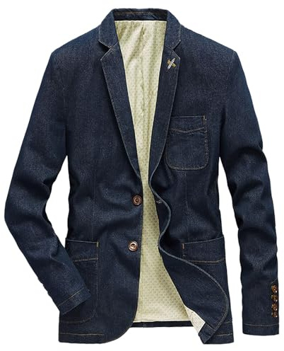 Generisch Blazer, giacca sportiva da uomo, slim fit, in jeans, vestibilità normale, casual, da lavoro, con 2 bottoni, stile retrò, classico, con tasche multiple in denim, Blu marino, 4XL