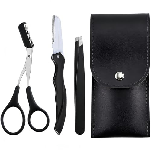 PLABBDPL 4x Forbici e kit di pennelli per sopracciglia, Pennello per Sopracciglia, forbici per toelettatura dei capelli, Pettinino Laminazione Ciglia, Rasoio per Sopracciglia, Per Peli Incarniti, Nero