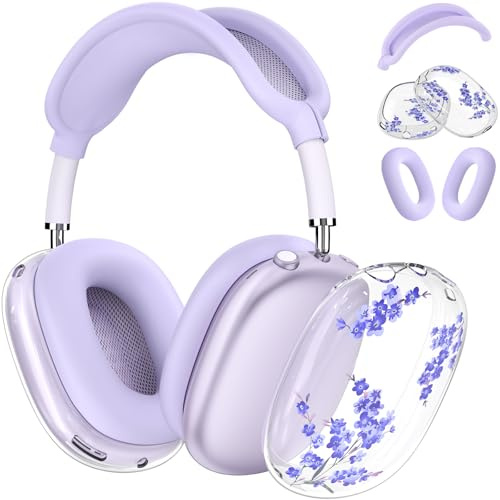 Muorruo Ensemble de 5 Coques en Silicone pour écouteurs AirPods Max, étuis de Protection à Motifs Floraux Transparents en TPU Souple pour Les Coussinets, Coque Transparente pour AirPods Max, Violet