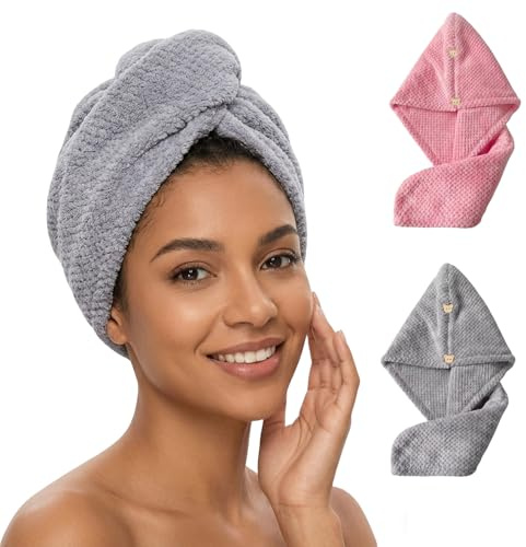 Haarturban Handtuch 2er Pack zweilagig, extrem saugfähiges Mikrofaser Handtuch Haare mit 2 Knöpfen, Haartrockentuch & Turbantuch Haare für alle Haartypen (kurzes, langes, lockiges), Grau & Rosa