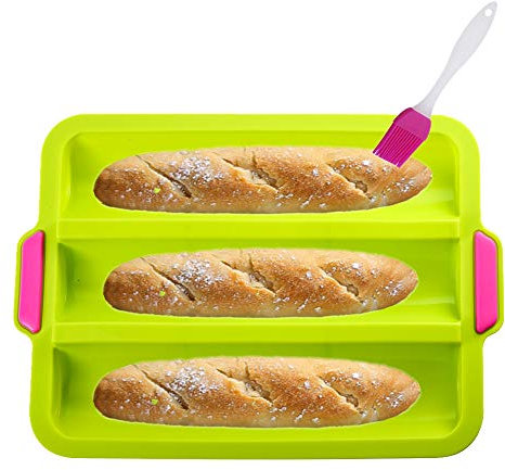 KeepingcooX Baguette Baking Tray French Stick Loaf Baking Molds Pan for 3 Baguettes, Non-Stick Silicone French Bread Baking Tray, Steel Frame Inside, 34x24 cm, Plus Reuable Basting Brush