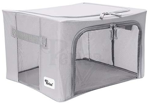 Periea ‘Beau’ Folding Collapsible Stackable Fabric Home Storage Boxes with Steel Frames (Grey, Small)