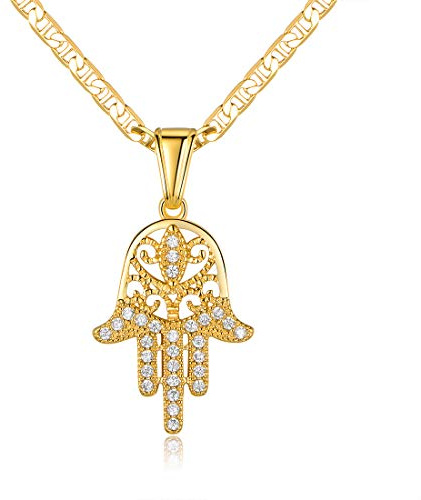 Barzel Hamsa Necklace for Women & Men 18K Gold Plated Flat Mariner/Marina 060 3MM Chain Necklace With Cubic Zirconia Hamsa Hand Pendant (Hamsa, 24)