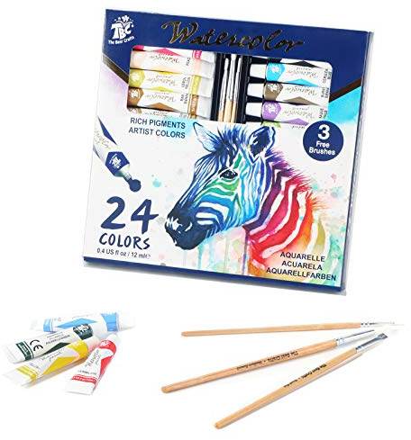 TBC Watercolour Paint Set, 24 x 12ml Water Colour Paints Tubes with 3 Paint Brush for Artists, Beginners, Students, Hobbyists, Adults