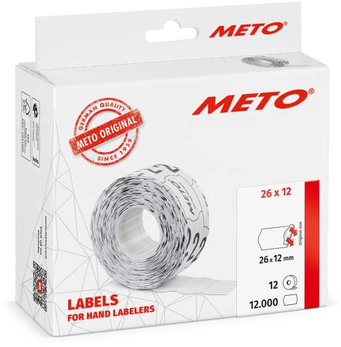 Meto Etiketten für Handauszeichner (26x12 mm, 1-zeilig, 12.000 Stück, weiß, permanent haftend, für Meto, Hutner, Avery, Contact, Sato, Tovel etc.)