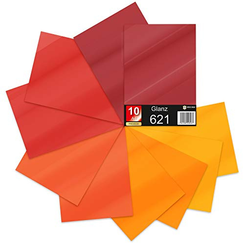 Finest Folia 10 x Din A4 Bögen Plotterfolie 621/631 Selbstklebende Folie im Set Vinyl zum Plotten DIY Bastelfolie Sticker Beschriftung Aufkleber 29,7x21cm (Rottöne glanz, 10er Set)