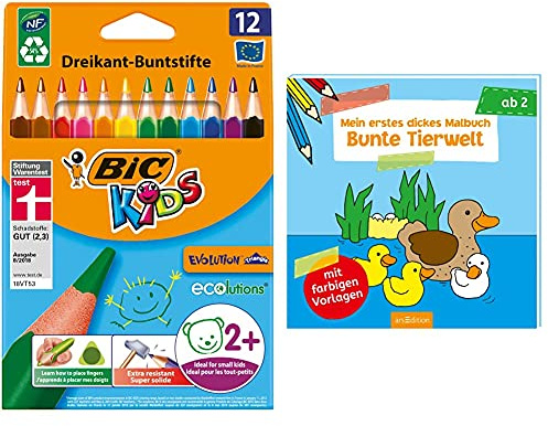 BIC Kids Buntstifte ECOlutions Evolution, Ergonomische Dreikant-Malstifte zum Malen in 12 Farben, im Karton Etui, ab 2 Jahre & Mein erstes dickes Malbuch Bunte Tierwelt (Malbuch ab 2 Jahren)