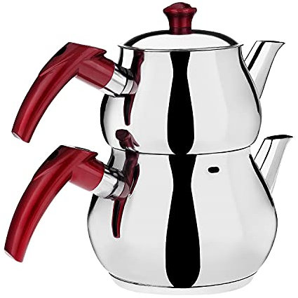 DESTALYA Turkish Teapot Set - Stainless Steel Double Tea Pots for Stove Top - Tea Maker with Handle - Samovar Style Self-Strained Tea Kettle - Water Heater Warmer (Midi with Red Handles)
