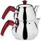 DESTALYA Turkish Teapot Set - Stainless Steel Double Tea Pots for Stove Top - Tea Maker with Handle - Samovar Style Self-Strained Tea Kettle - Water Heater Warmer (Midi with Red Handles)