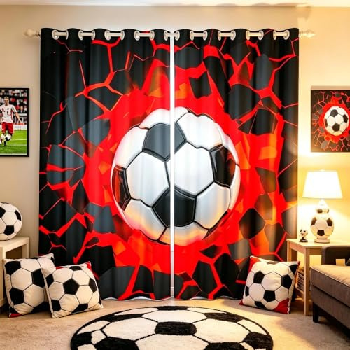 Fußball-Vorhang für Schlafzimmer, Wohnzimmer, Kinder, Sport, Verdunklungsvorhänge, für Damen und Herren, Rot / Schwarz, Fußballball, Fenstervorhänge, Ballspiel, Fensterbehandlungen, B66 x L72