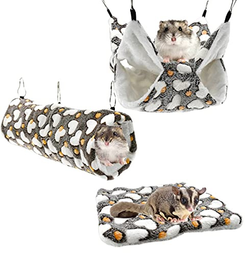 Vehomy 3Pcs Sugar Glider Hamster Hammock Hanging Tunnel and Warm Bed Soft Mat Set for Small Animals Hanging Hammock Cage Accessories Hideout Swing for Squirrel Ferret Rat Chincilla Guinea Pig