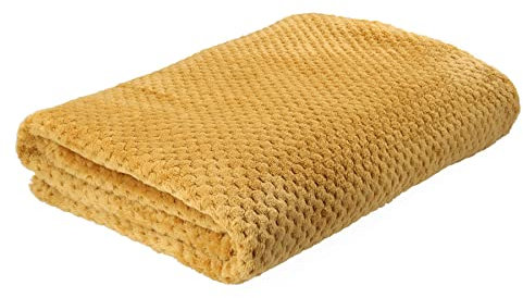 HOMLA Noah Decke Dekorativ Weich - Kuscheldecke Lose Polyesterfasern Wohndecke Flauschige Decke für Sofa Couch Bett - 150 x 200 cm Reiskornmuster Senffarbe