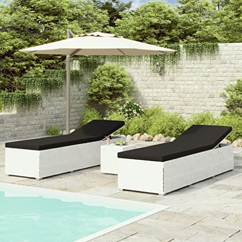 Makastle 3-er Set, Garten Liege mit Teetisch, Poly Rattan Relax Gartenliege Liegestuhl Sonnenliege Relaxliege mit Verstellbarer Rücklehne und Auflagen, 195 x 60 x 31 cm Weiß
