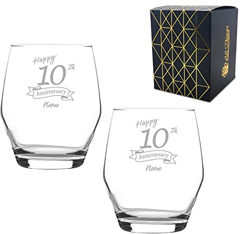 Juego de 2 vasos de 10 aniversario grabados personalizables, para whisky, 12 onzas, grabado en el Reino Unido, personalizables con cualquier nombre, regalo personalizado