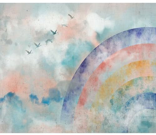 decomonkey Fototapete selbstklebend Vogel Himmel 294x210 cm XXL Selbstklebende Tapeten Wand Fototapeten Tapete Wandtapete klebend Klebefolie Deko Modern Aquarell Regenbogen Betonoptik Blau Rosa