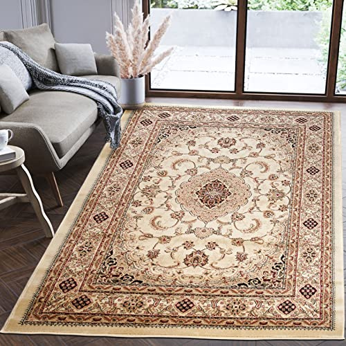 Mazovia Teppich Flur 160x220cm Creme Klassisch Traditionell Weich Stilvoll | Teppich für Eingangsbereich Küche Büro Wohnzimmer Schlafzimmer Beige Pflegeleicht Fußbodenheizungsgeeignet Mittelflor Elegant