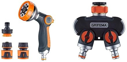 GRIFEMA Gartenbrause Anzug, Handbrause mit 8 Bewässerungsmustern, 2-Wege-Verteiler, 3/4 Zoll und 1/2 Zoll Wasseranschluss, aus Acrylnitril-Butadien-Styrol (ABS), orange und schwarz